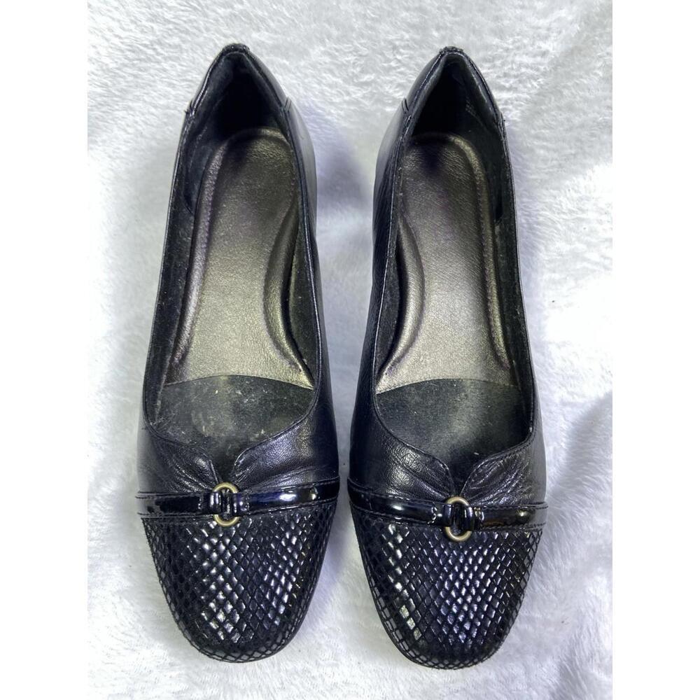 Aravon Leather Dress Pumps Womens 9 D Black Lined Low Heel Comfort Almond Toe